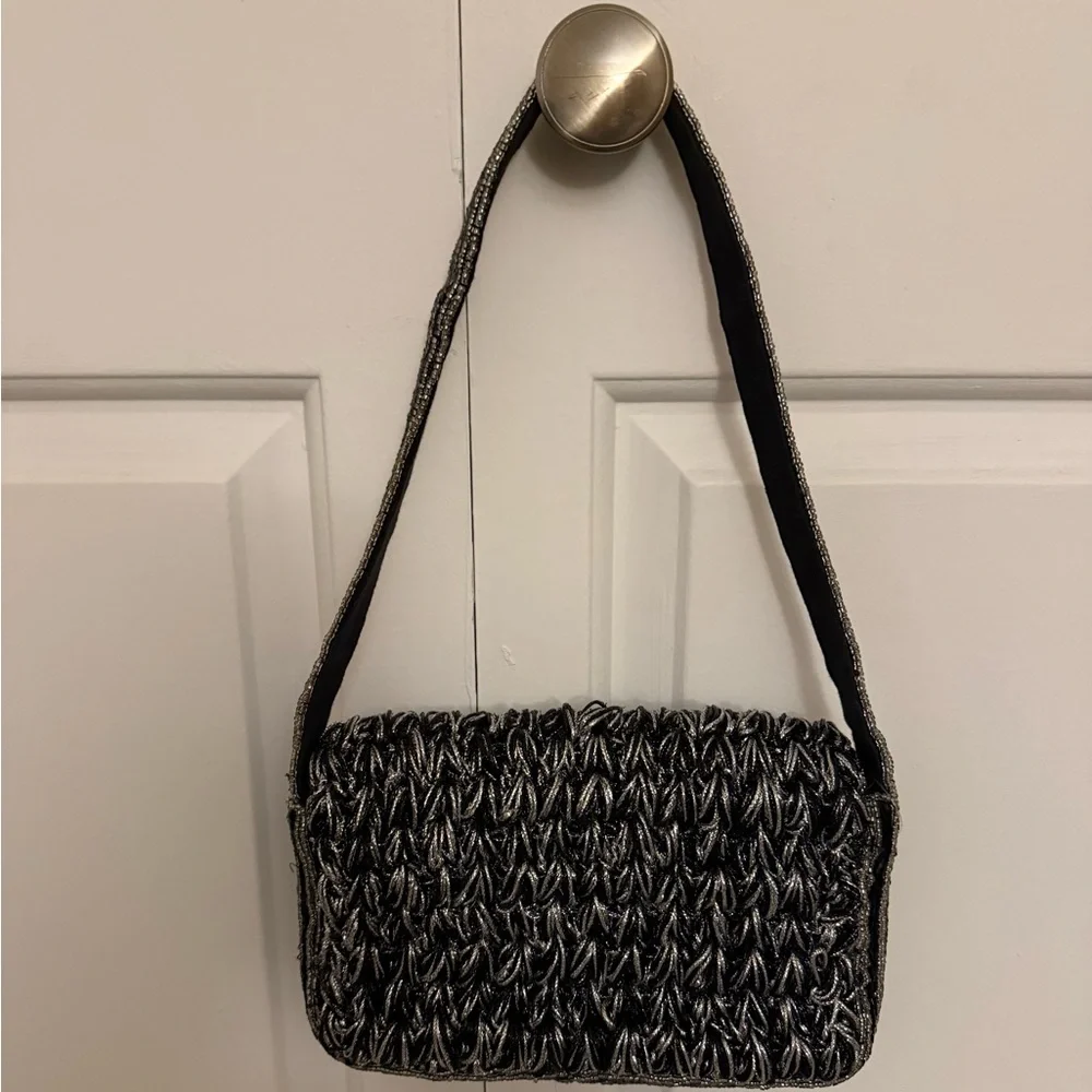Anthropologie Maeve Fiona Crochet Beaded Bag Black & Silver - Picture 4 of 12